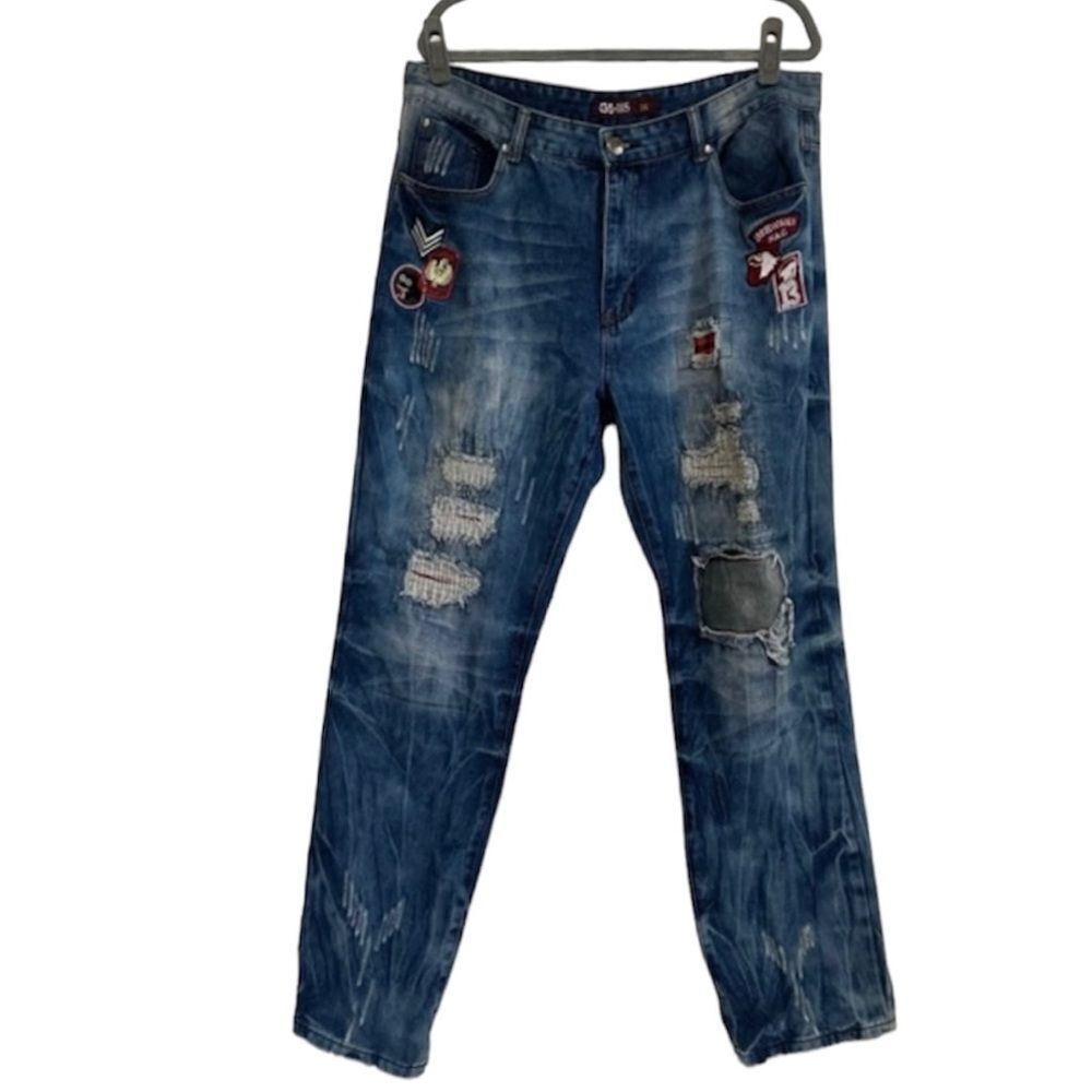 GS-115 Grunge High Rise Straight Leg Distressed Patches Denim Jeans Blue Size 36